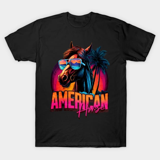 Retro Wave American Horse Miami T-Shirt by Miami Neon Designs